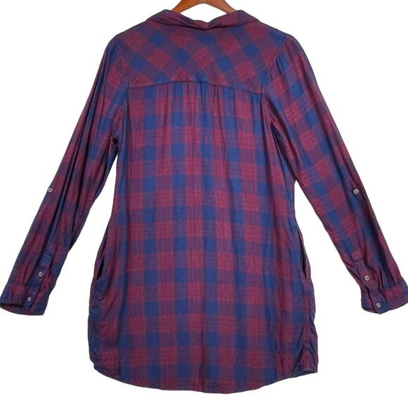 SO Long Sleeve Roll Tab Shirt Dress Pockets Size XL Red Blue Plaid - Picture 2 of 12